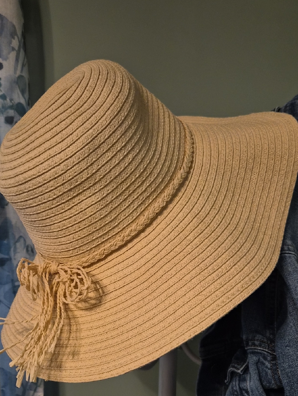 Beige/Straw Wide Brim Sun Hat with Braided Accent - Women Accessories